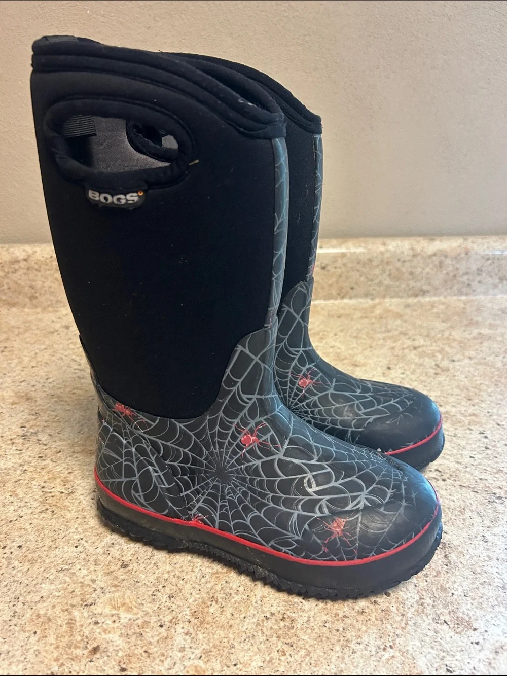 Bogs Kids Black & Gray Spider-Web Rain Boots with Red Accents